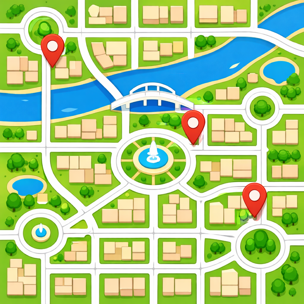 A top-down cartoon map of a neighbourhood with unlabelled streets, ready to be named